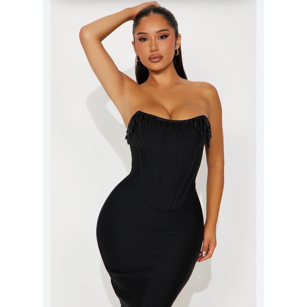 Fashion Nova Black Beaded Fringe Corset Bodycon Midi Dress Strapless XS